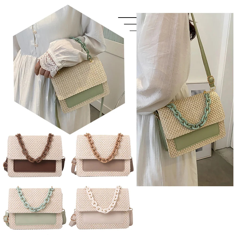 Acrylic Chain Straw Women Shoulder Messenger Bag Woven PU Small Handbags