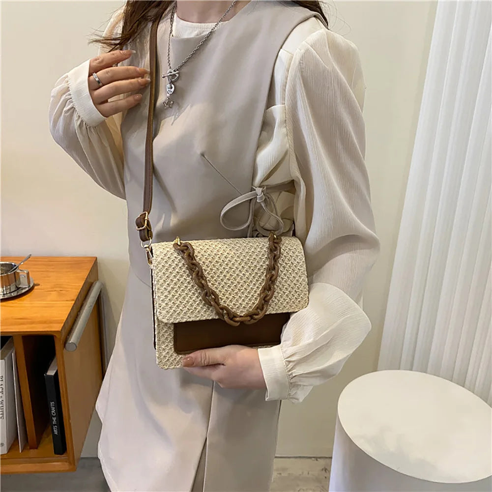 Acrylic Chain Straw Women Shoulder Messenger Bag Woven PU Small Handbags