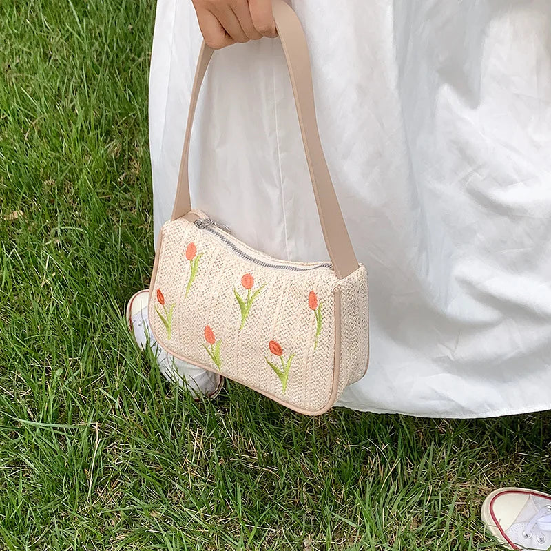 Embroidered Flower Straw Hobo Shoulder Bag