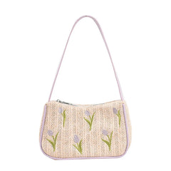 Embroidered Flower Straw Hobo Shoulder Bag