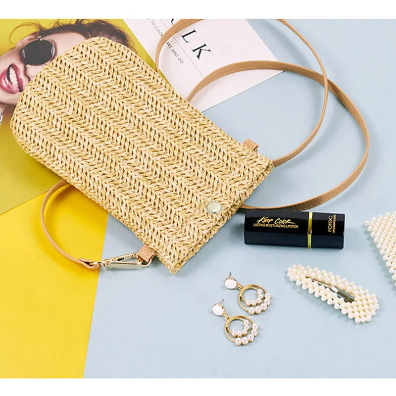 Straw Woven Small Phone Bag Rushwork Ladies Crossbody