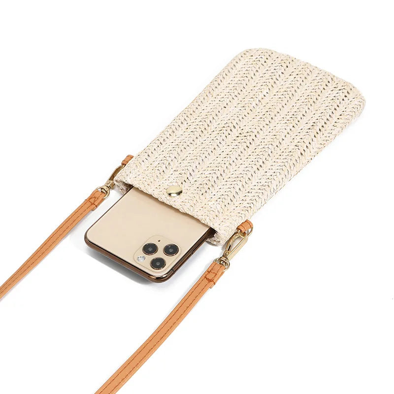 Straw Woven Small Phone Bag Rushwork Ladies Crossbody
