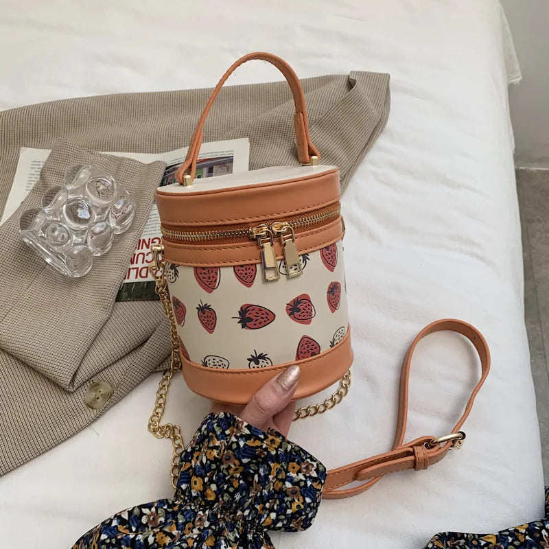 Strawberry Print Chain Shoulder Bag PU Zipper Handbag