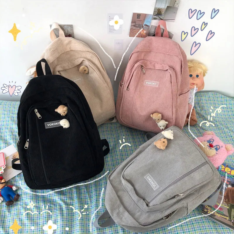 Striped Corduroy Backpack Schoolbag For Teens Boys Girls