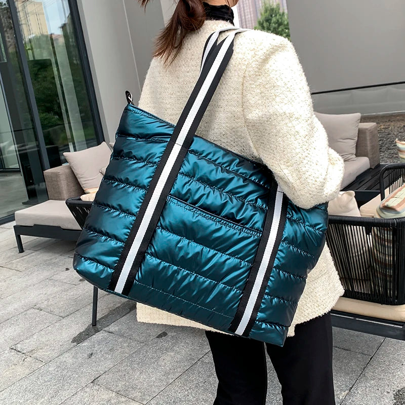 Waterproof Stripe Nylon Big Grid Shoulder Bag For Women