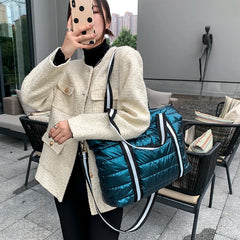 Waterproof Stripe Nylon Big Grid Shoulder Bag For Women