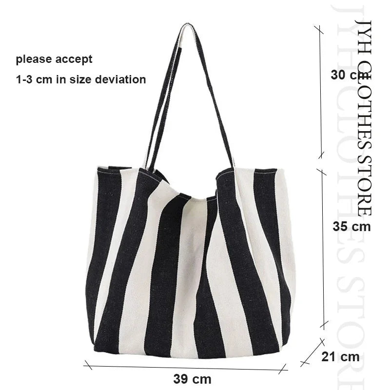 Striped Canvas Tote Bag Women Beach Handbag Large Casual Top-handle Bag