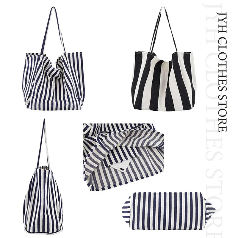 Striped Canvas Tote Bag Women Beach Handbag Large Casual Top-handle Bag