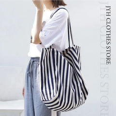 Striped Canvas Tote Bag Women Beach Handbag Large Casual Top-handle Bag