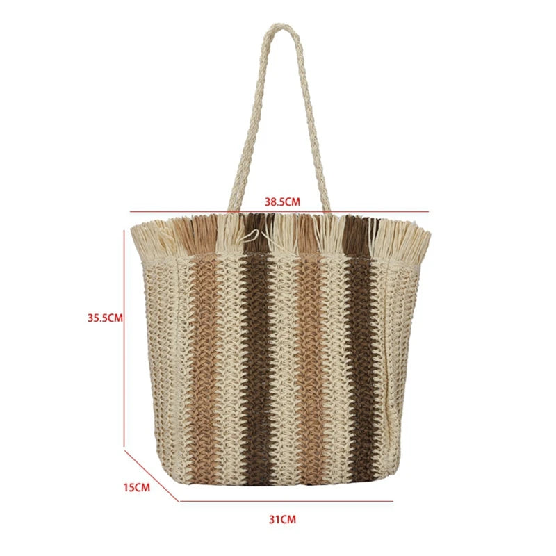 Striped Beach Straw Bag Large Capacity Shoulder Bag for Women
