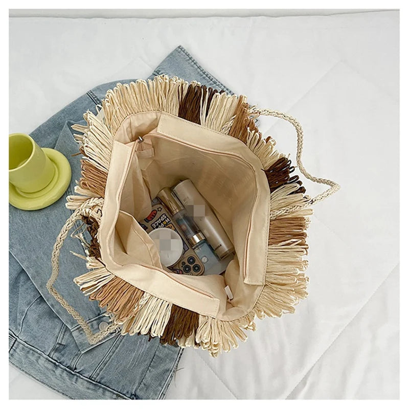Striped Beach Straw Bag Large Capacity Shoulder Bag for Women