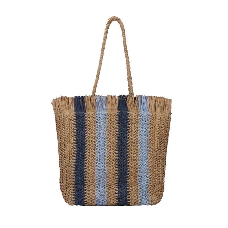 Striped Beach Straw Bag Large Capacity Shoulder Bag for Women