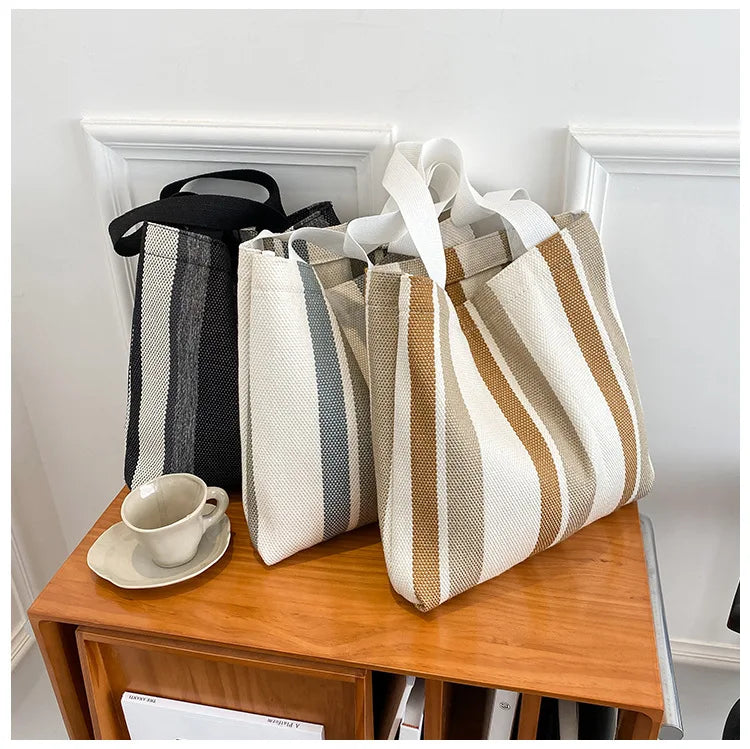 Striped Canvas Handbag Large-Capacity Shoulder Bag