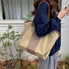 Striped Canvas Shopper Handbags Large Shoulder Bags Casual Tote