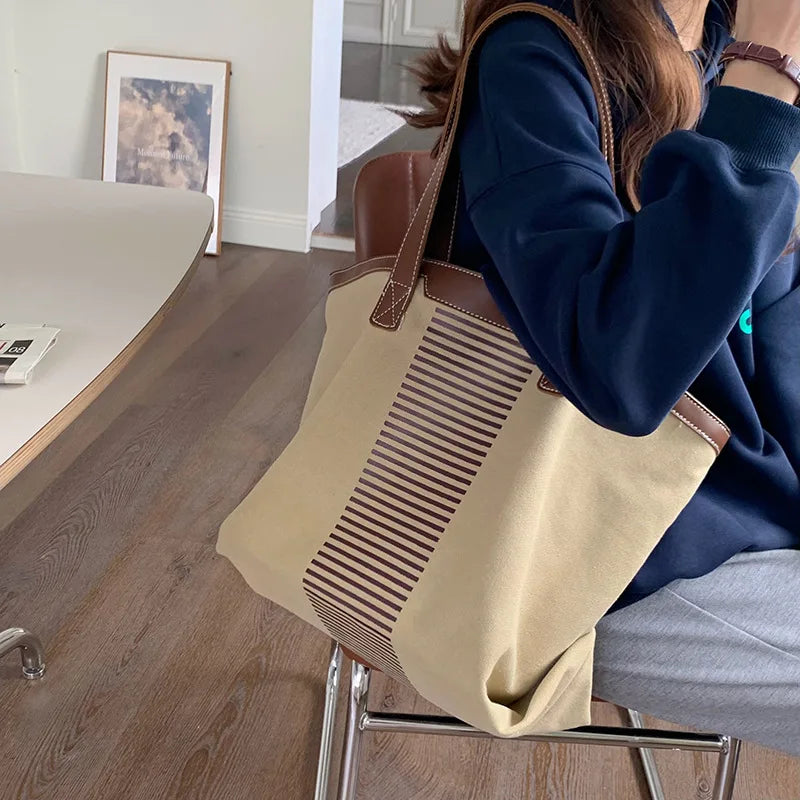 Striped Canvas Shopper Handbags Large Shoulder Bags Casual Tote