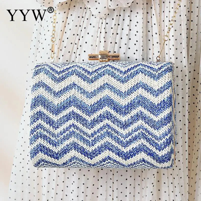Striped Handbags Female Straw Hard-Surface Shoulder Bag