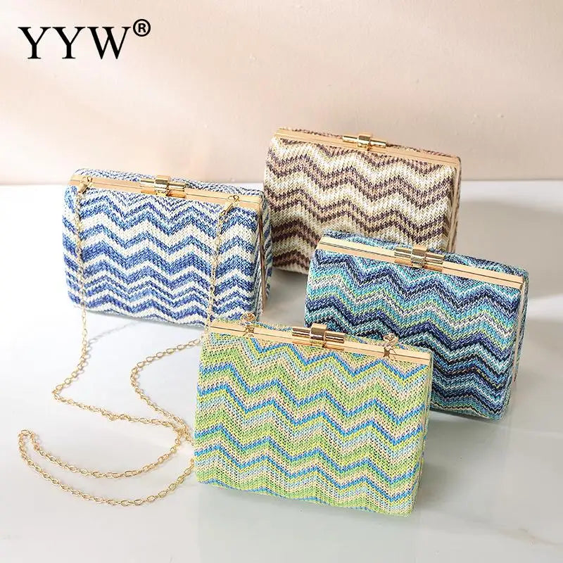 Striped Handbags Female Straw Hard-Surface Shoulder Bag