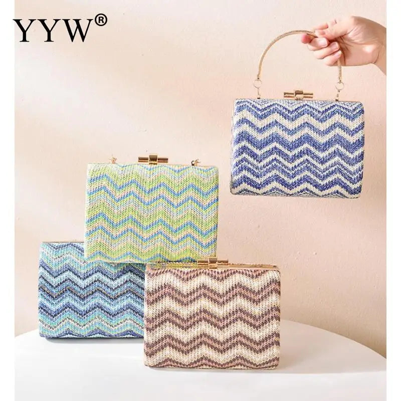 Striped Handbags Female Straw Hard-Surface Shoulder Bag