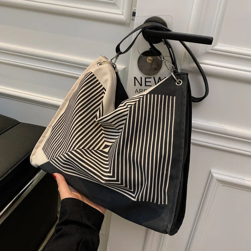 Striped Shoulder Bags Women Casual Tote Nylon Handbags Large Capacity