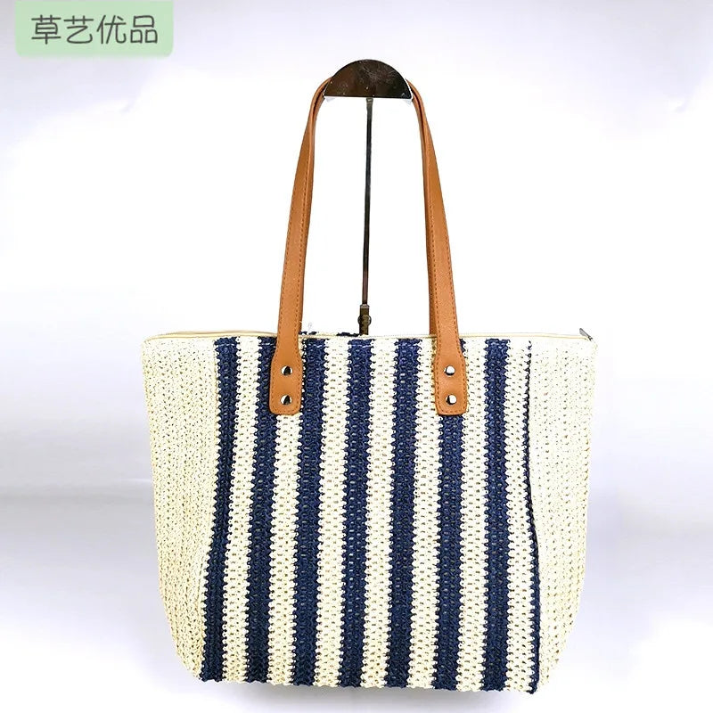 Striped Satchel Large Capacity Woven Straw Bag