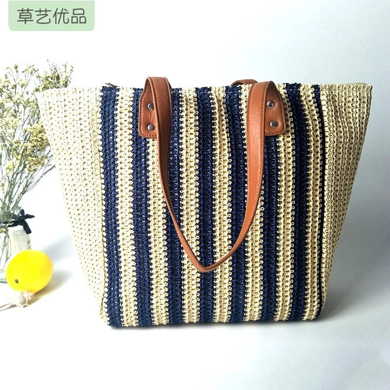 Striped Satchel Large Capacity Woven Straw Bag