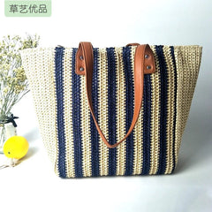 Striped Satchel Large Capacity Woven Straw Bag
