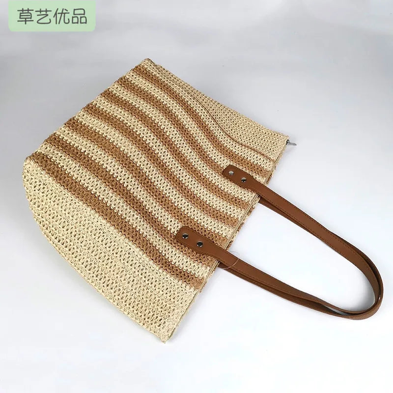 Striped Satchel Large Capacity Woven Straw Bag