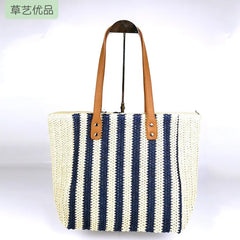 Striped Satchel Large Capacity Woven Straw Bag