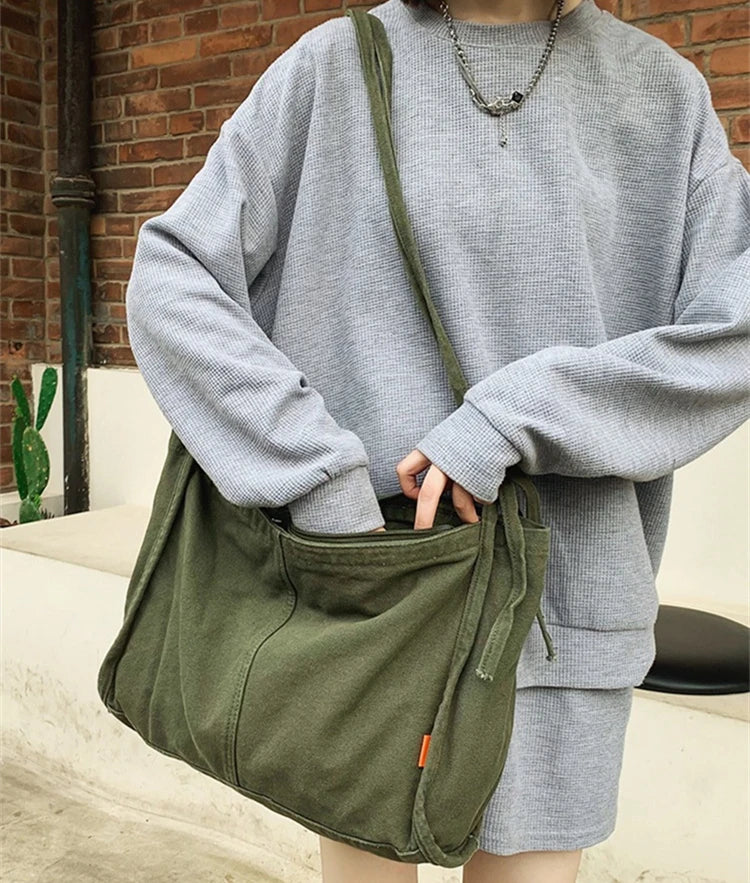 Canvas Textile Green Shoulder Bag Y2K Grunge Korea School Book Laptop