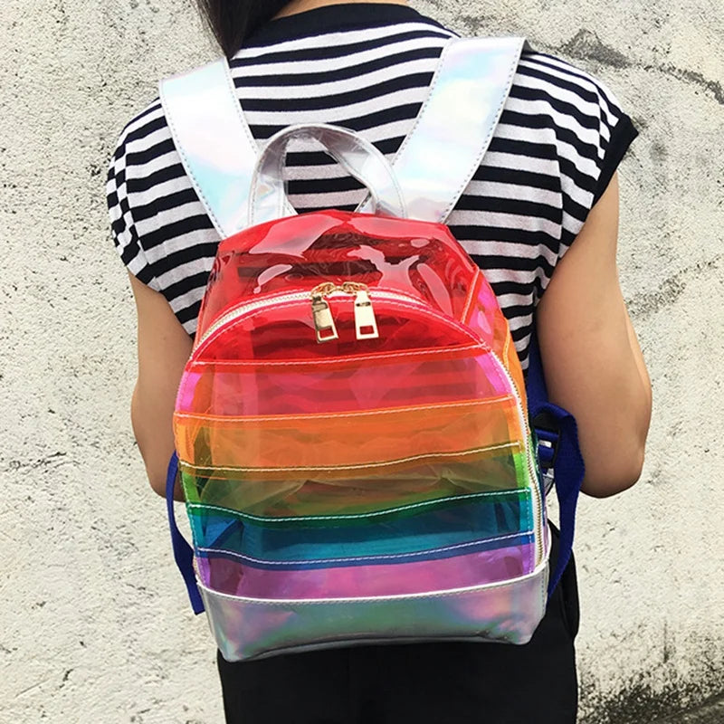 Stripes Plastic Transparent Backpack Bag Ladies Travel Bag
