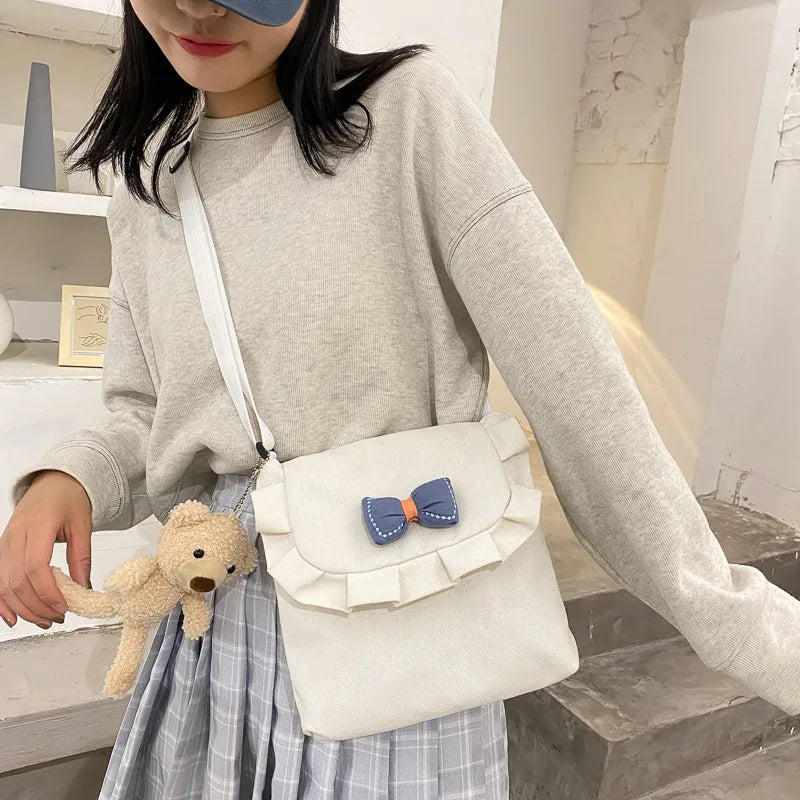 Girls Canvas Shoulder Bag, Sweet Bowknot School Handbag