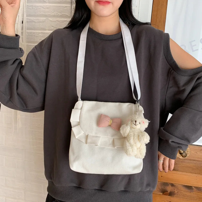 Girls Canvas Shoulder Bag, Sweet Bowknot School Handbag