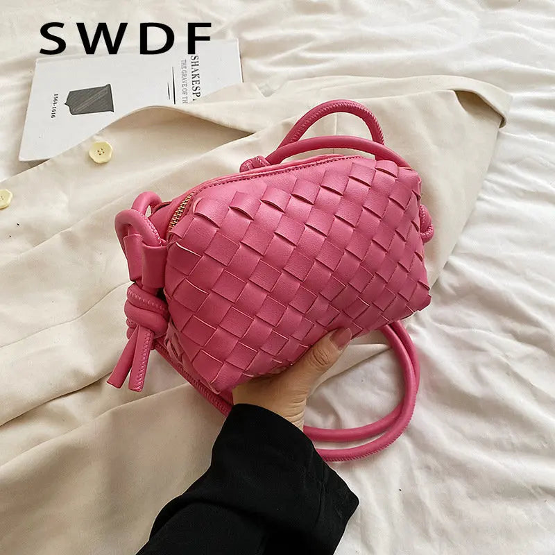 Diamond Lattice Knitted PU Leather Shoulder Bag Women Crossbody Handbag