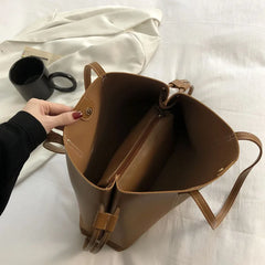 Stylish Drawstring Shoulder Bag High Capacity Tote Bag Ladies Soft PU Leather
