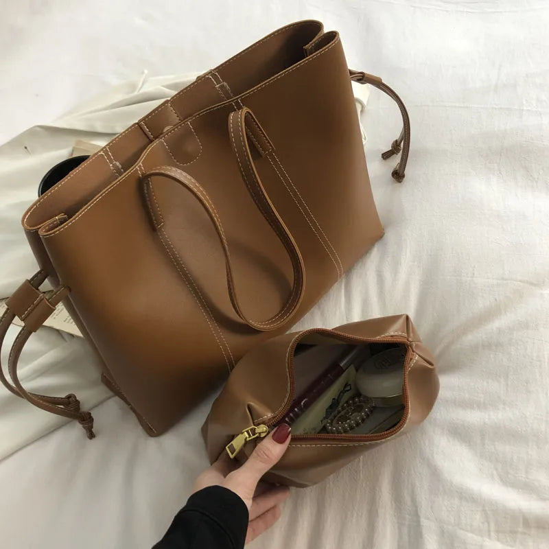 Stylish Drawstring Shoulder Bag High Capacity Tote Bag Ladies Soft PU Leather