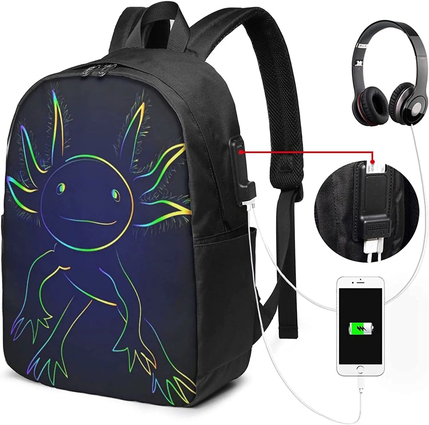 Rainbow Axolotl Backpack 17 Inch USB Charging