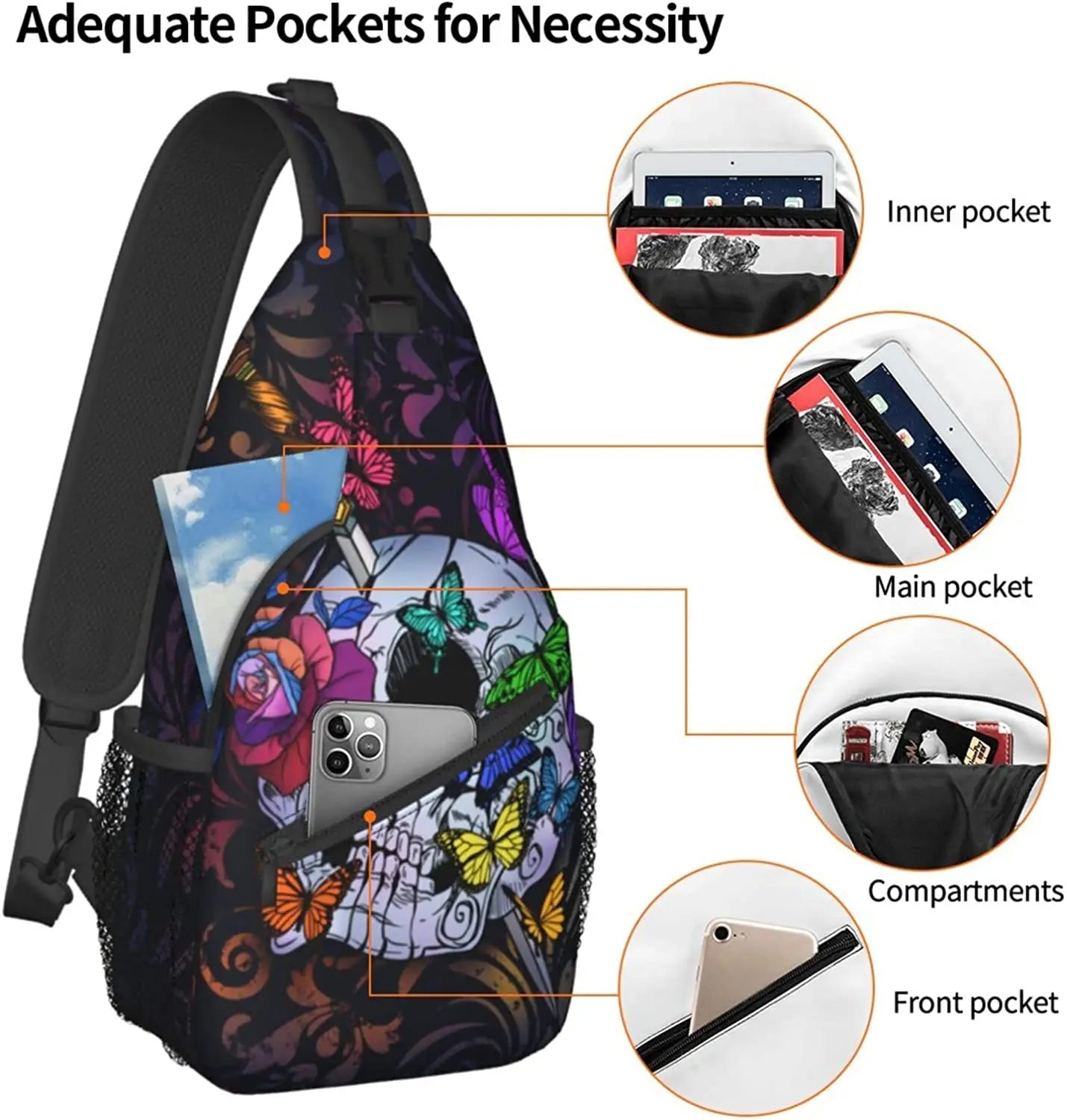 Sugar Skull Unisex Chest Bags Crossbody Sling Backpack