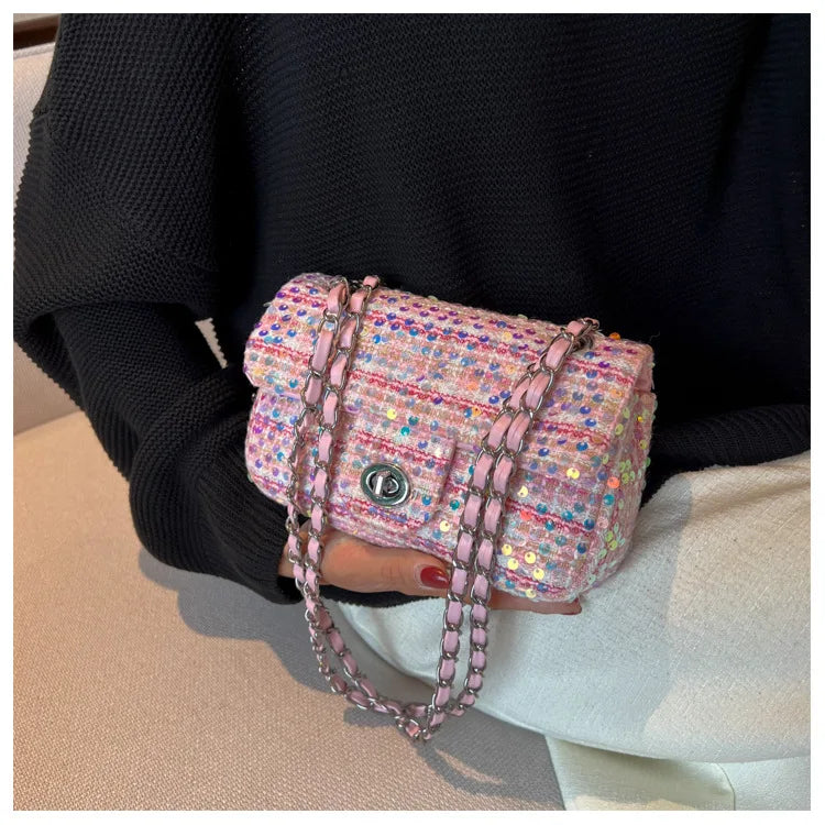 One Shoulder Sequins Messenger Small Square Bag Crossbody Bag