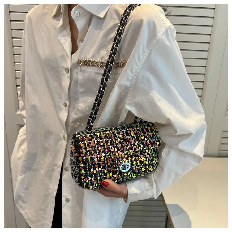 One Shoulder Sequins Messenger Small Square Bag Crossbody Bag