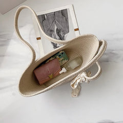 Summer Beach Straw Woven Tote Bag Bow Travel Shoulder Bag