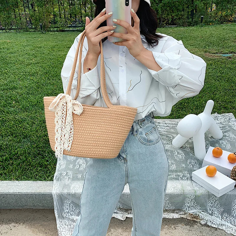 Summer Beach Straw Woven Tote Bag Bow Travel Shoulder Bag