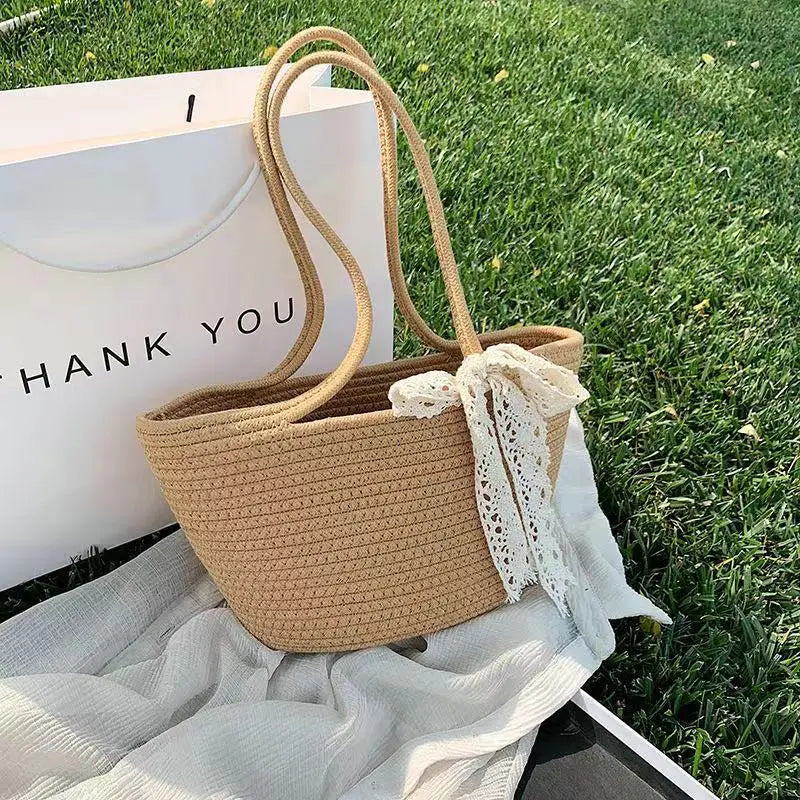 Summer Beach Straw Woven Tote Bag Bow Travel Shoulder Bag