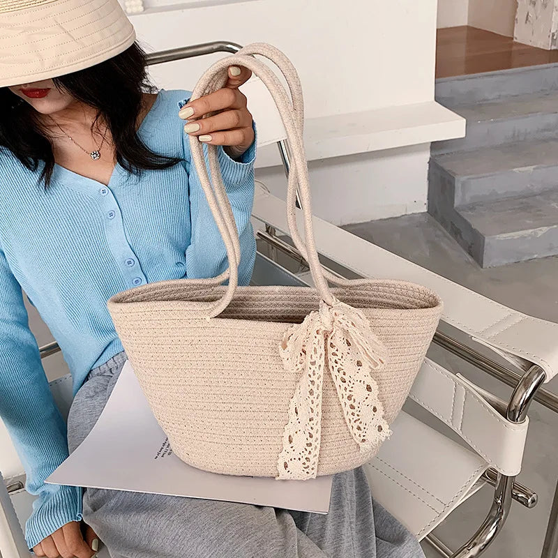 Summer Beach Straw Woven Tote Bag Bow Travel Shoulder Bag