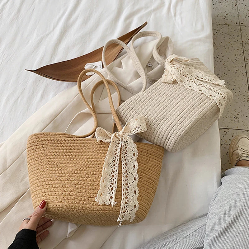 Summer Beach Straw Woven Tote Bag Bow Travel Shoulder Bag