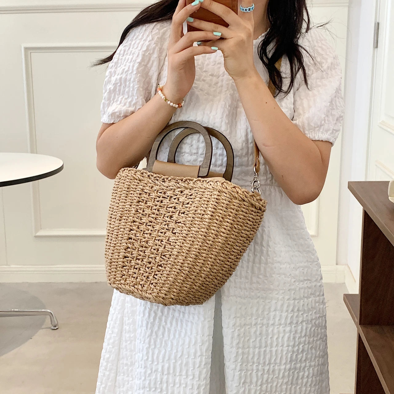 Straw Rattan Beach Shoulder Bucket Crossbody Bag