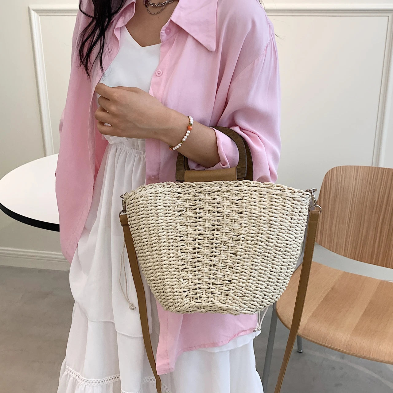 Straw Rattan Beach Shoulder Bucket Crossbody Bag