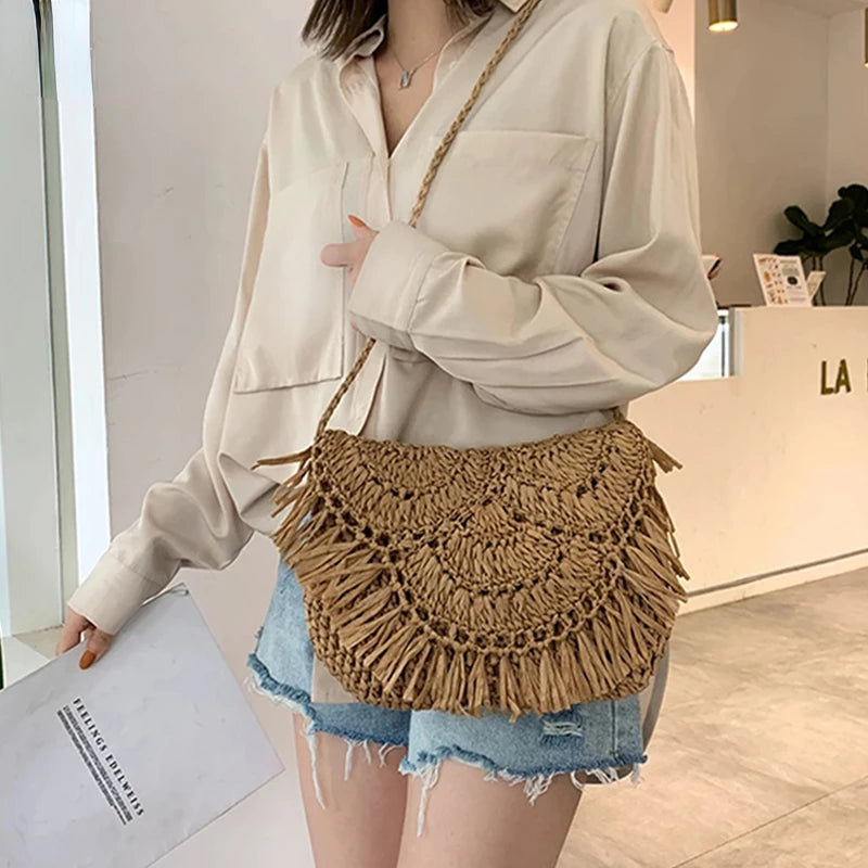 Summer Beach Vacation Tassels Messenger Bag Straw Rattan Weave Shoulder Crossbod