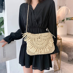 Summer Beach Vacation Tassels Messenger Bag Straw Rattan Weave Shoulder Crossbod