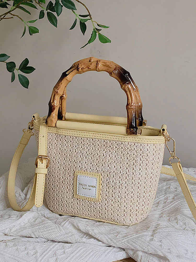 Summer Beach Women's Bag Top Handle Straw Weaving Bucket Shoulder Crossbody Bags
