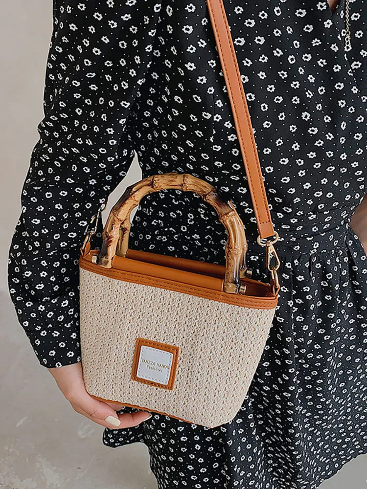 Summer Beach Women's Bag Top Handle Straw Weaving Bucket Shoulder Crossbody Bags